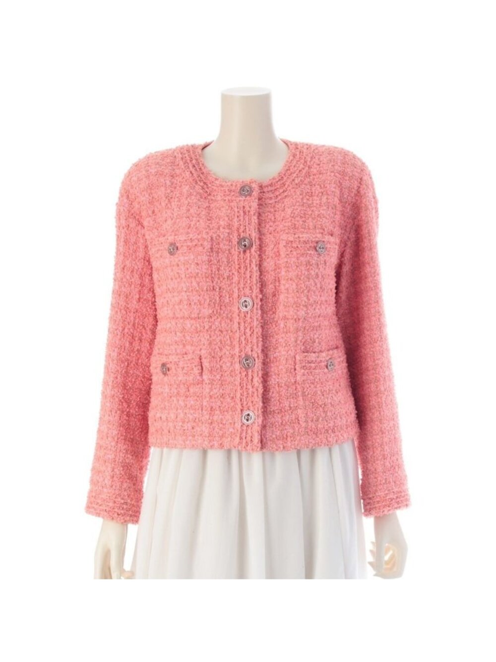 Chanel Cotton CC Logo Tweed Collarless Jacket Pink 36
